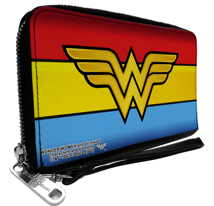 Wonder Woman Logo Stripe Red Yellows Blue Pull Around Wallet